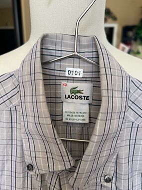 Lacoste Men's Gray Plaid Button-Down Shirt with Subtle Stripe